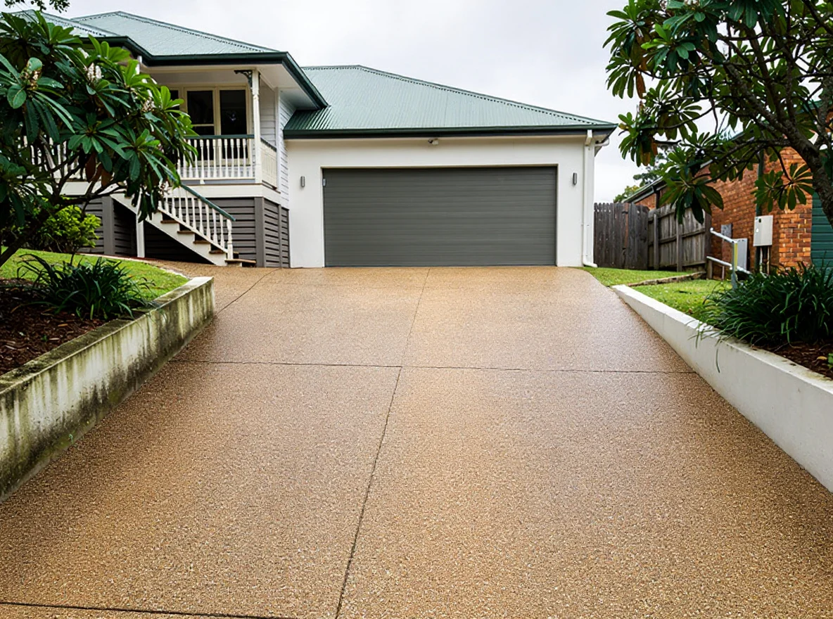 The same Toowong driveway after pressure cleaning, aggregate clean and even
