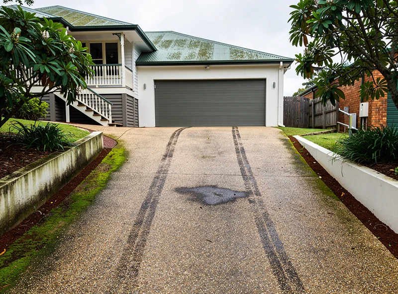 Toowong exposed-aggregate driveway with tyre marks, oil stain, and green algae
